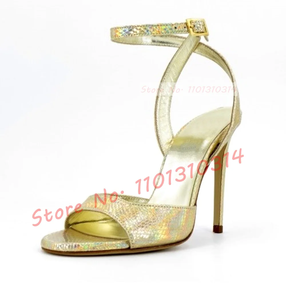 Blue Snake-Metallic High Heels Sandals Women Open Toe Iridescence Summer Sandals Female Luxury Elegant Party Ankle Strap Sandals