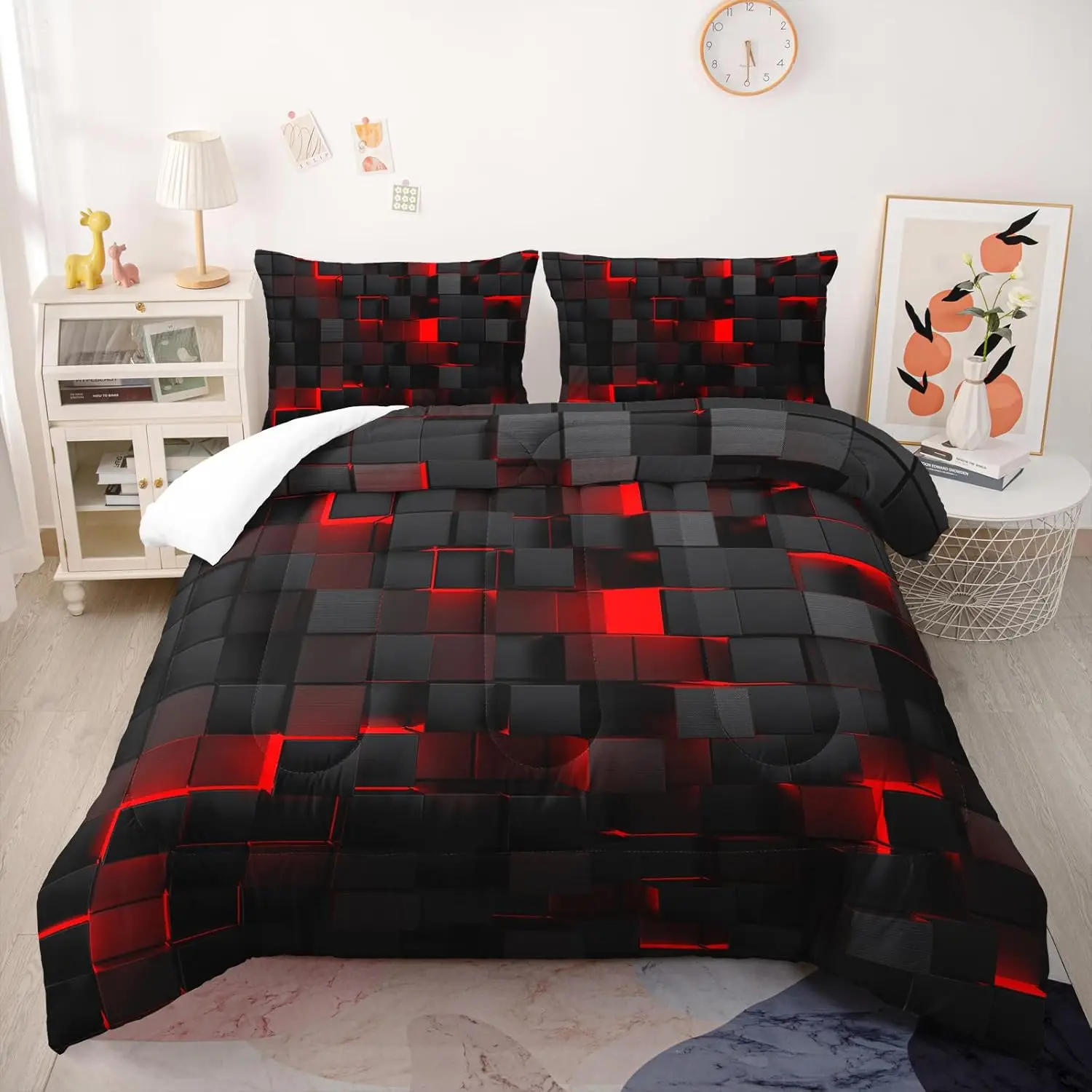 Geometric Grid Duvet Set Checkered Bedding Quilt Set Modern Abstract Check Plaid Square Comforter for All Season