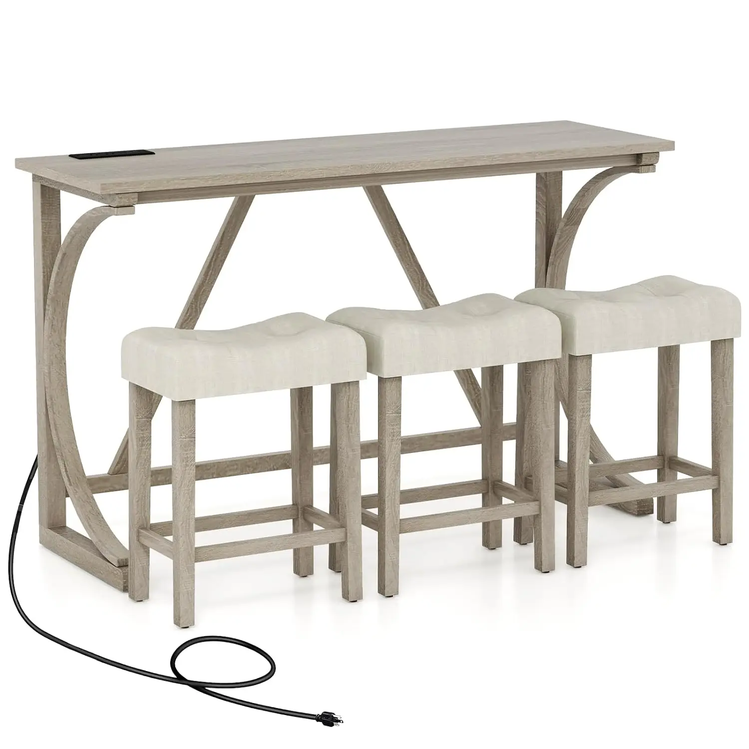 4-Piece Counter Height Bar Table Set with Power Outlet, Beige, Customized