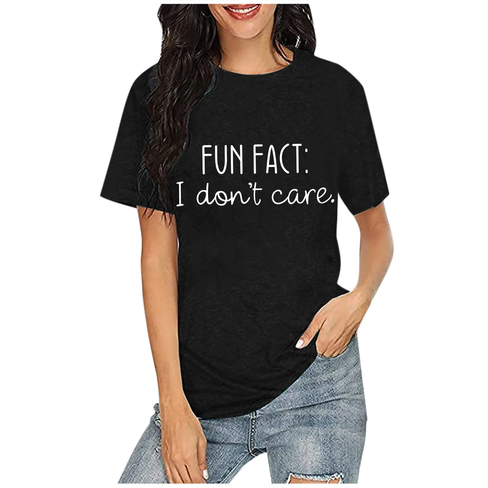 Casual Fashion Top For Women -Perfect For Summer Vibrant Fun Fact L Dont Care Graphic Print Crew Neck T-Shirt - Short Sleeves