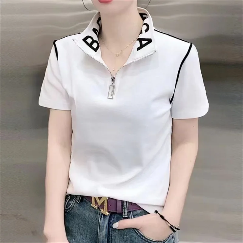 Women\'s T-shirt Short Sleeve Summer Female Polo Shirt Casual Fashion Slim Fit Ladies Tops Black Zipper Pullover Tops