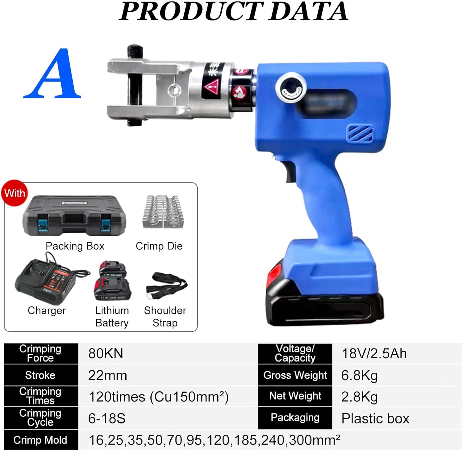 Portable Hydraulic Cable Lug Crimper Pliers, Rechargeable Crimping Tool, Electrical Terminal Cable Wire Fiber Crimper Tool Kit