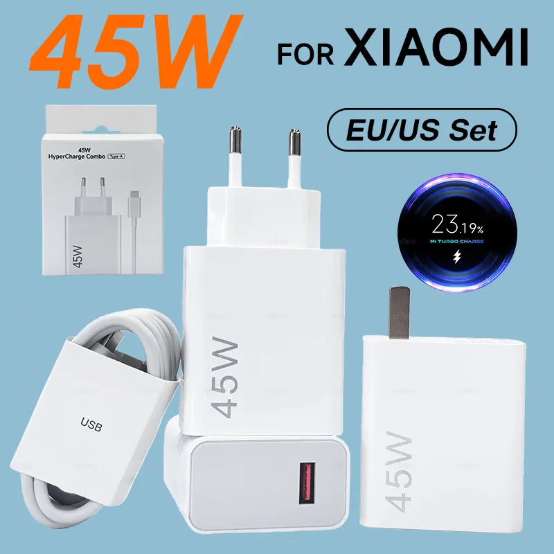 

Турбо-зарядное устройство 45 Вт, быстрая зарядка, адаптер EU/US, кабель Type-C для Mi 11T, 10T, POCO X3 NFC, X4 GT, M6, Redmi Note 14 Pro
