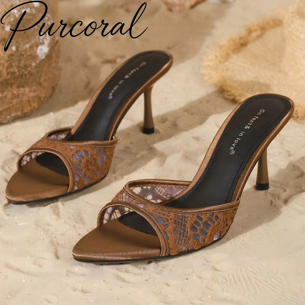 Purcoral Women Lace Mule Heels Square Open Toe Stiletto Slide Sandals Slip On Backless High Heel Mules Summer Slippers