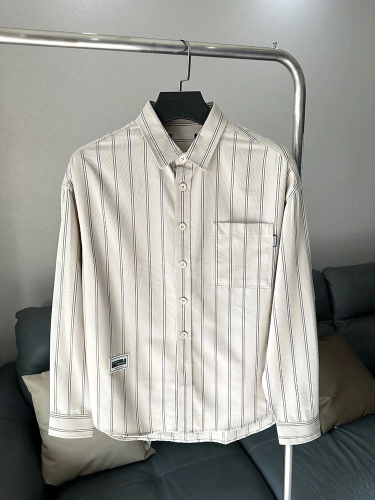 

Soft Breathable Men's Casual irt Lightweight Mixed Fiber Comfortable Spring Autumn Stripe Pattern Long Sve Stand Fit
