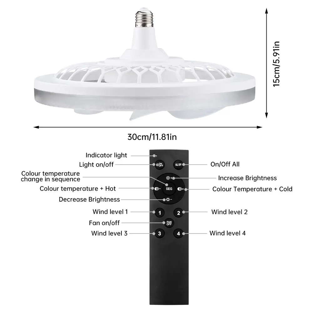 AC85-265V LED Ceiling Fan Light E27 Dimmable Ceiling Lamp Remote Control 4 Speed Ceiling Fan for Living Room Bedroom Garage
