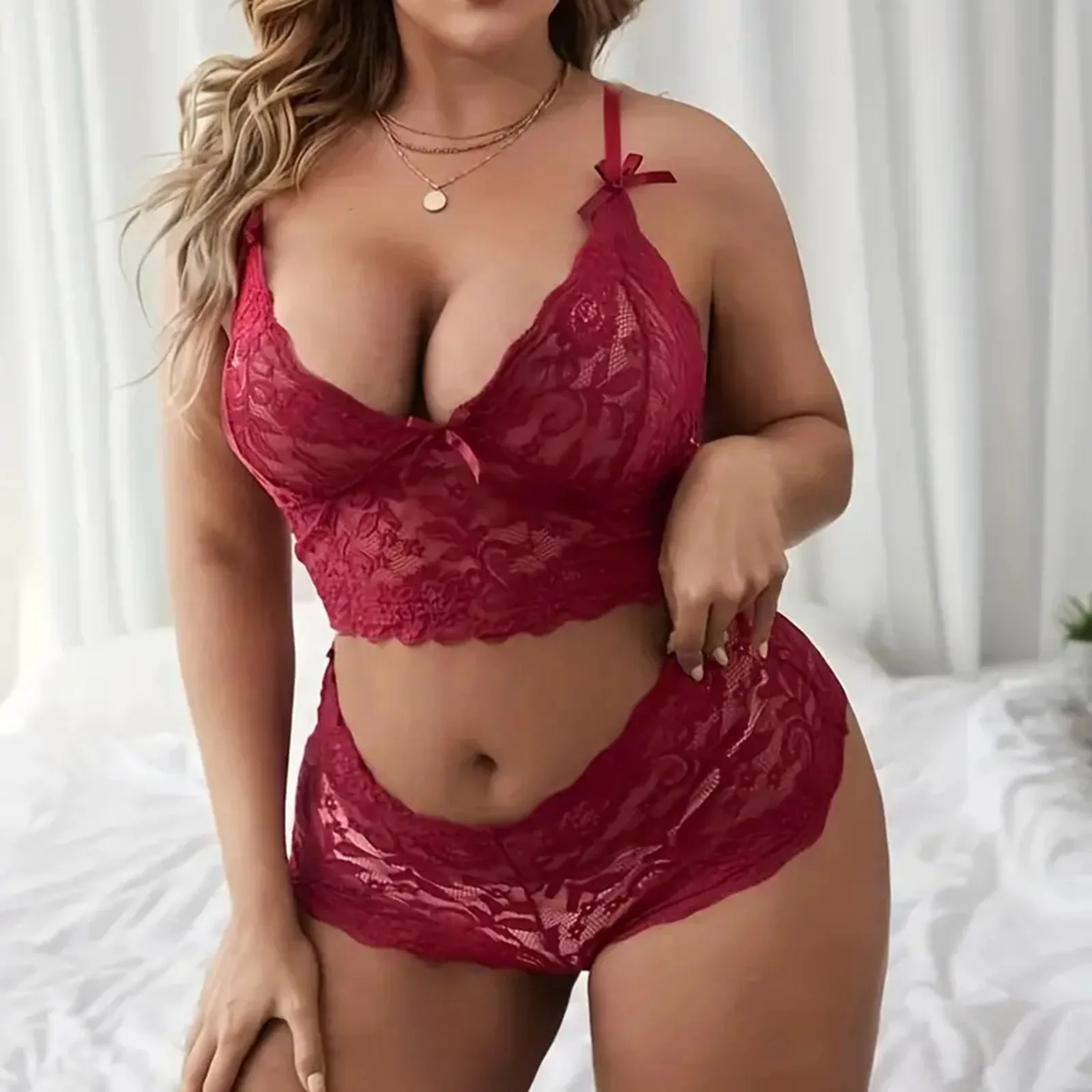 Plus Size Lingerie Set For Women Sexy Lace Halter Bralette High Waist Panty Sets Soild Gathering Bras Cozr Panty Suit белье