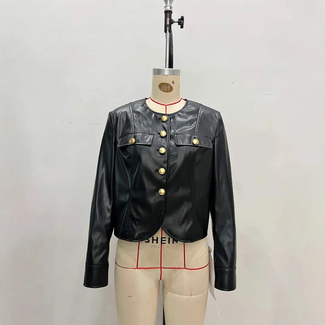 2025 Autumn New Round Neck Metal Buckle Black Gold Color Scheme New Women's Long Sleeved Short Pu Leather Jacket