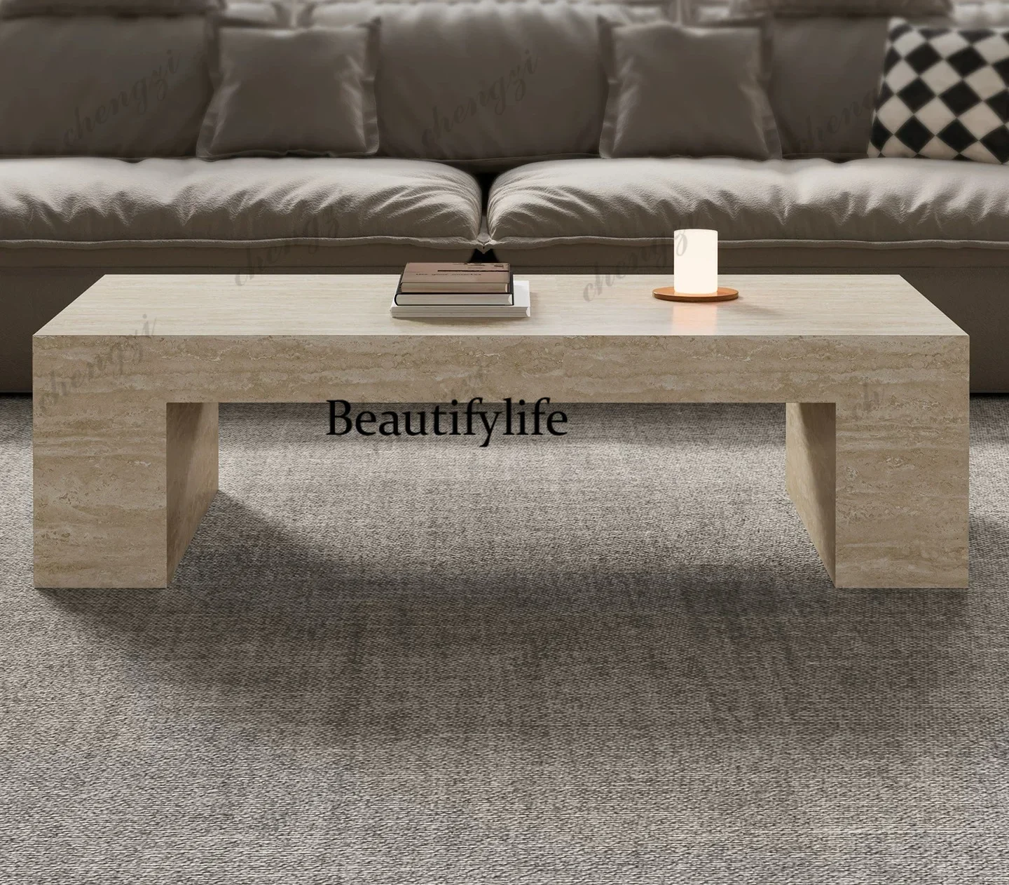 p182 New coffee table Italian minimalist rectangular wabi-sabi wind living room household travertine coffee table