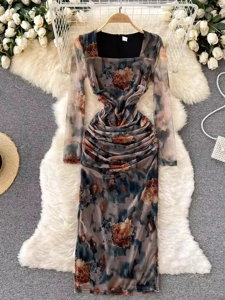 Women Printed Floral Dress Spring Summer Square Neck Long Sleeved Bodycon Dresses Ladies Pleats Slim Elegant Slit Long Robe