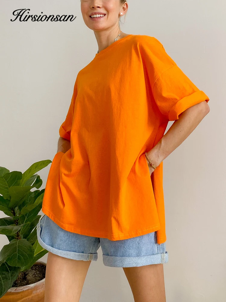 Hirsionsan Summer Oversized Cotton T Shirt Women 2023 New Loose Solid Split Tees Casual Basic Tshirt Short Sleeves Female Tops