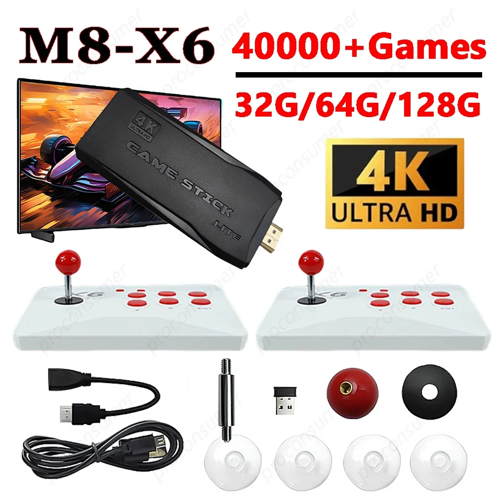 M8-X6 Video Wireless Game Console 4K TV Game Stick with Double Arcade Joystick 40000+ Games 32/64/128GB For MAME Sega PS1 Atari