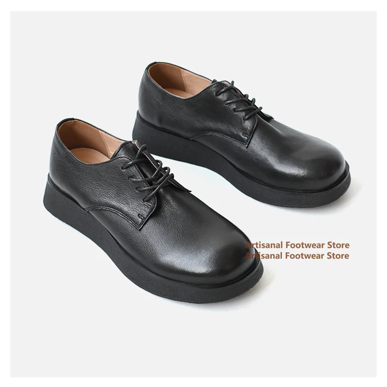 

Round Toe Casual Leather Shoes Men's Genuine Leather Lace Up Derby Shoes Thick Soled Designer Style Handmade Men's Shoes