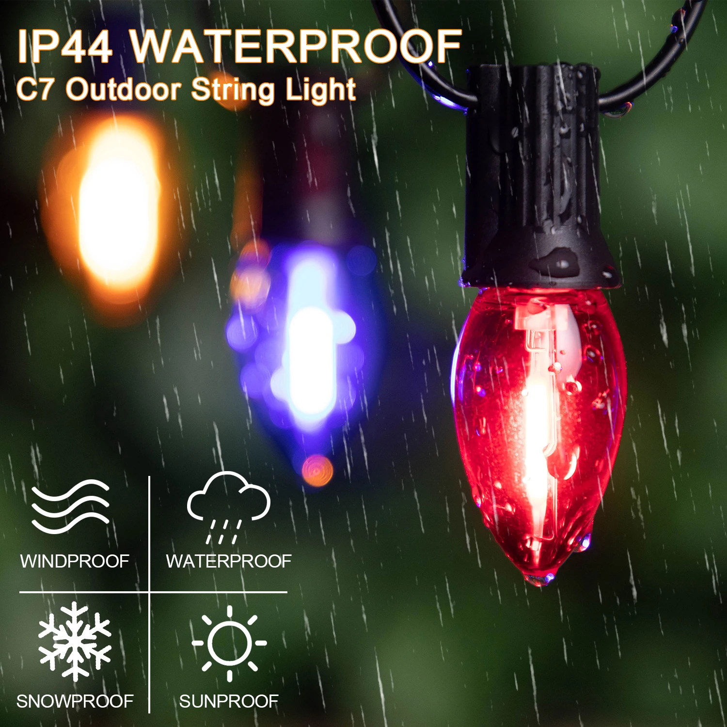 Christmas Outdoor String Lights 25ft 65ft Plastic C7 Colored Shatterproof Connectable Hanging Light Chain For Garden Party Decor