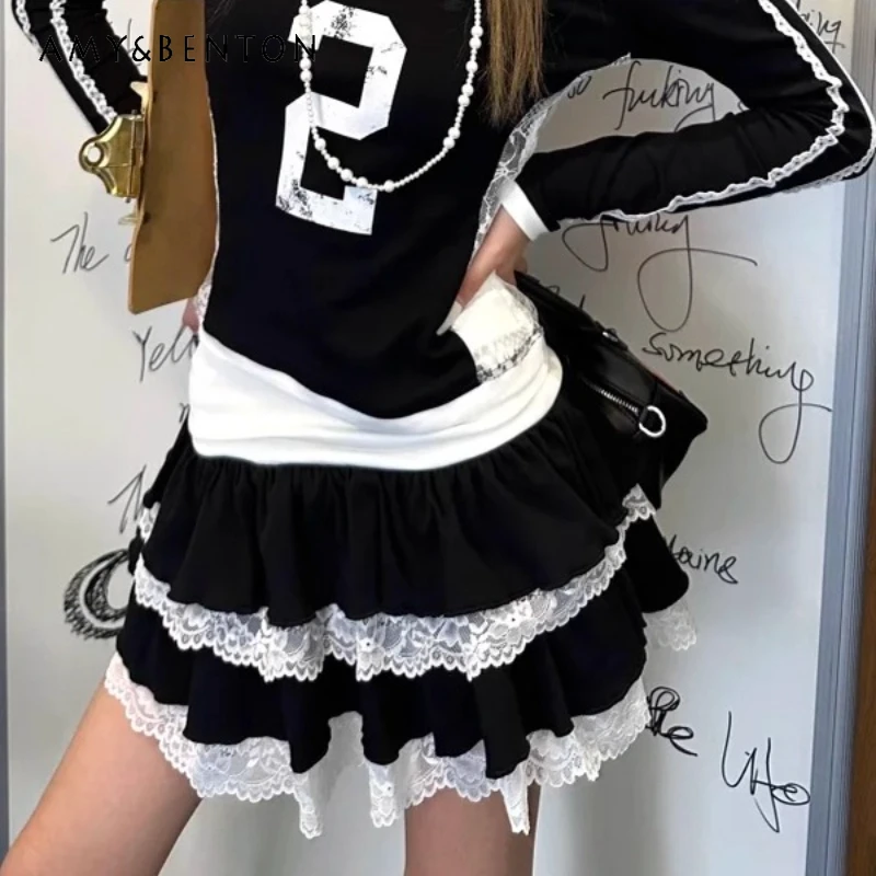 

Korean Retro White Lace Trim High Waist Slimming Versatile A-line Women's Skirt 2025 Summer New Cake Puffy Short Skirts Ladies