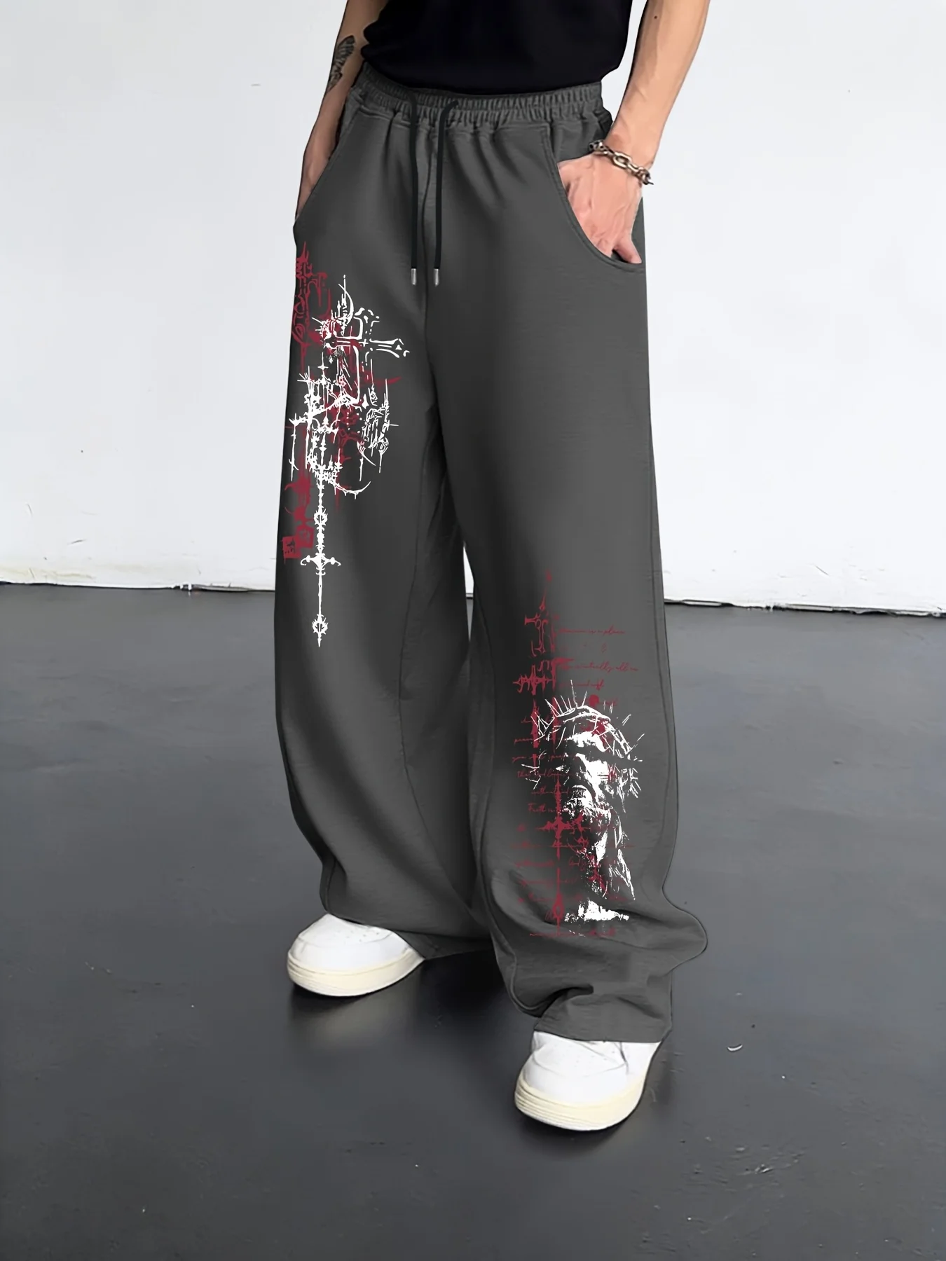 Gothic Dark Cross Sword Graffiti Gerade Jogginghose Unisex für Männer und Frauen Hip-Hop Streetwear Lose Lässige Sporthose – Detail 8