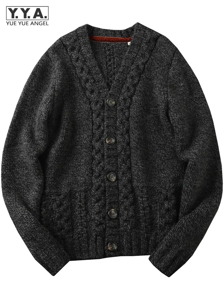 Vintage Mens Thick Wool Sweater Coat V Neck Single Breasted Autumn Winter Knitted Cardigan Italian Designer Warm Casual Knitwear