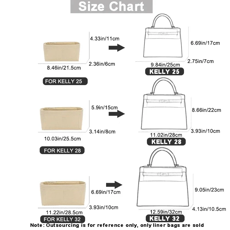 Felt Cloth Insert Bag Organizer For Hermes Kelly Bag 25 28 32 Handbag Organizer Women Travel Portable Cosmetic Inside Bags