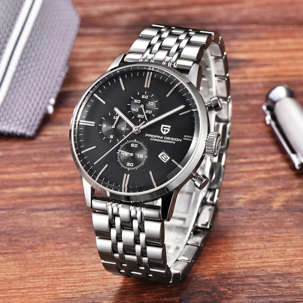 PAGANI DESIGN موضة رجال الأعمال الفولاذ المقاوم للصدأ ساعة كوارتز مقاوم للماء متعددة الوظائف ليلة ضوء ساعة Reloj + صندوق هدية