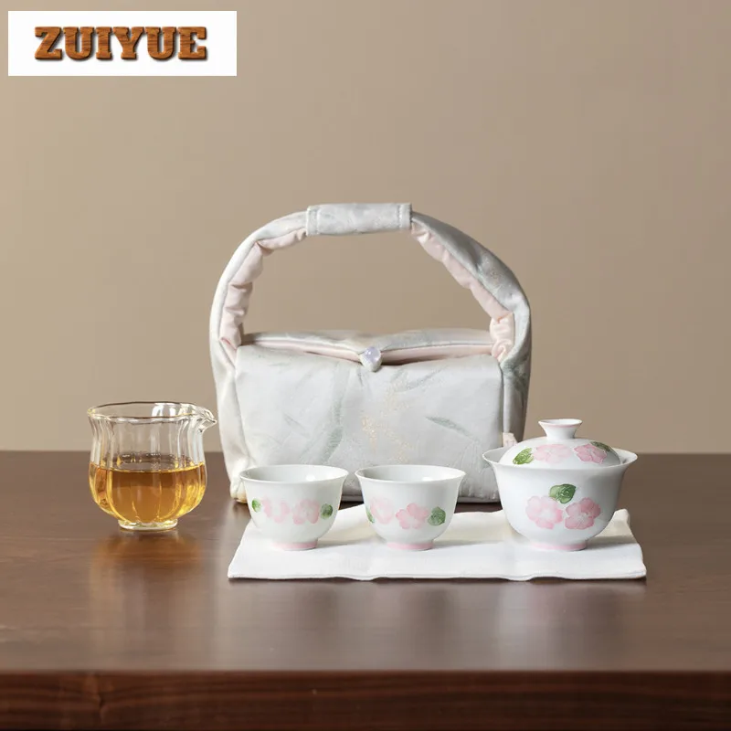 

Hand-painted Flower Travel Tea Set Kit Aesthetic 1 Bowl 2 Cups Tea Maker Organizer Portable Camping Handbag Supplies Collection