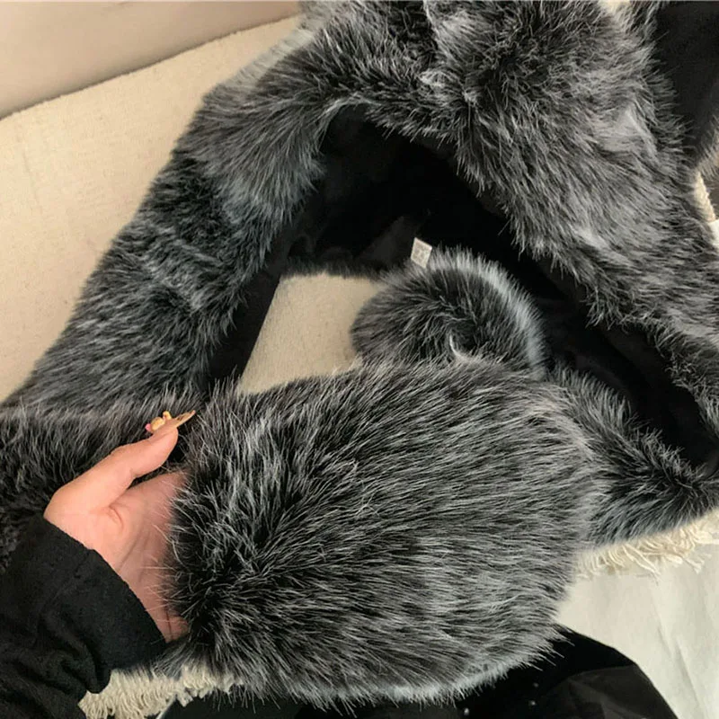 Chapeau à Trous en Fausse Fourrure avec Écharpe de Cou pour Femme, Couvre-Oreilles de Renard 3D, Casquette Bombardier Trooper Chaude d'Hiver pour le Ski et le Cyclisme