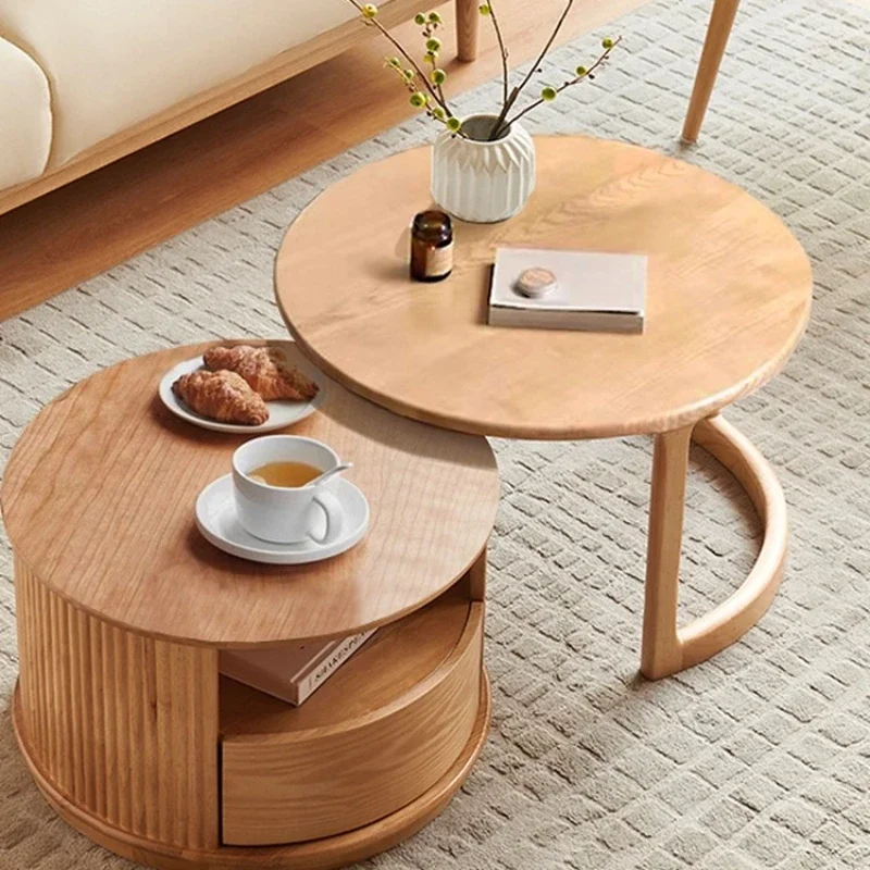 Solid wood rock slab coffee table Nordic round retractable small apartment storage living room simple and fashionable side table