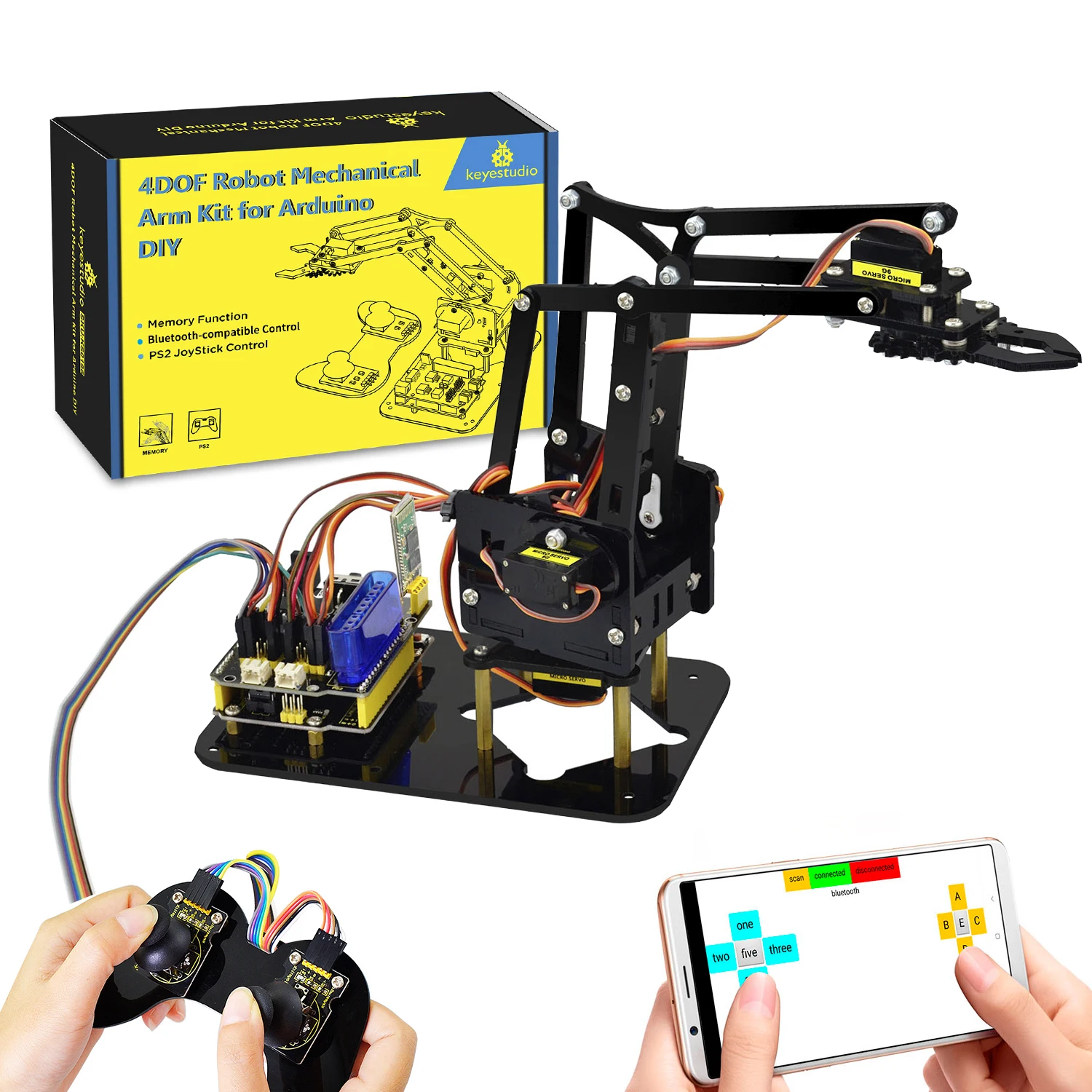 Keyestudio STEM 4DOF Zestaw ramienia robota Mechaniczny zestaw pazurów ramienia Sterowanie PS2 dla Arduino Zestaw ramienia robota DIY Programowanie robota