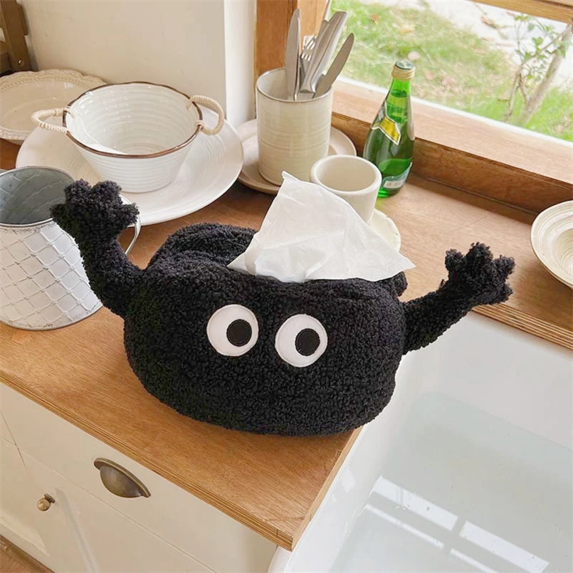 Modern Hangable Car Tissue Bag Raise Hand Cute Plush Tissue Box Niche Design Black Hand-held Fabric Paper Bag