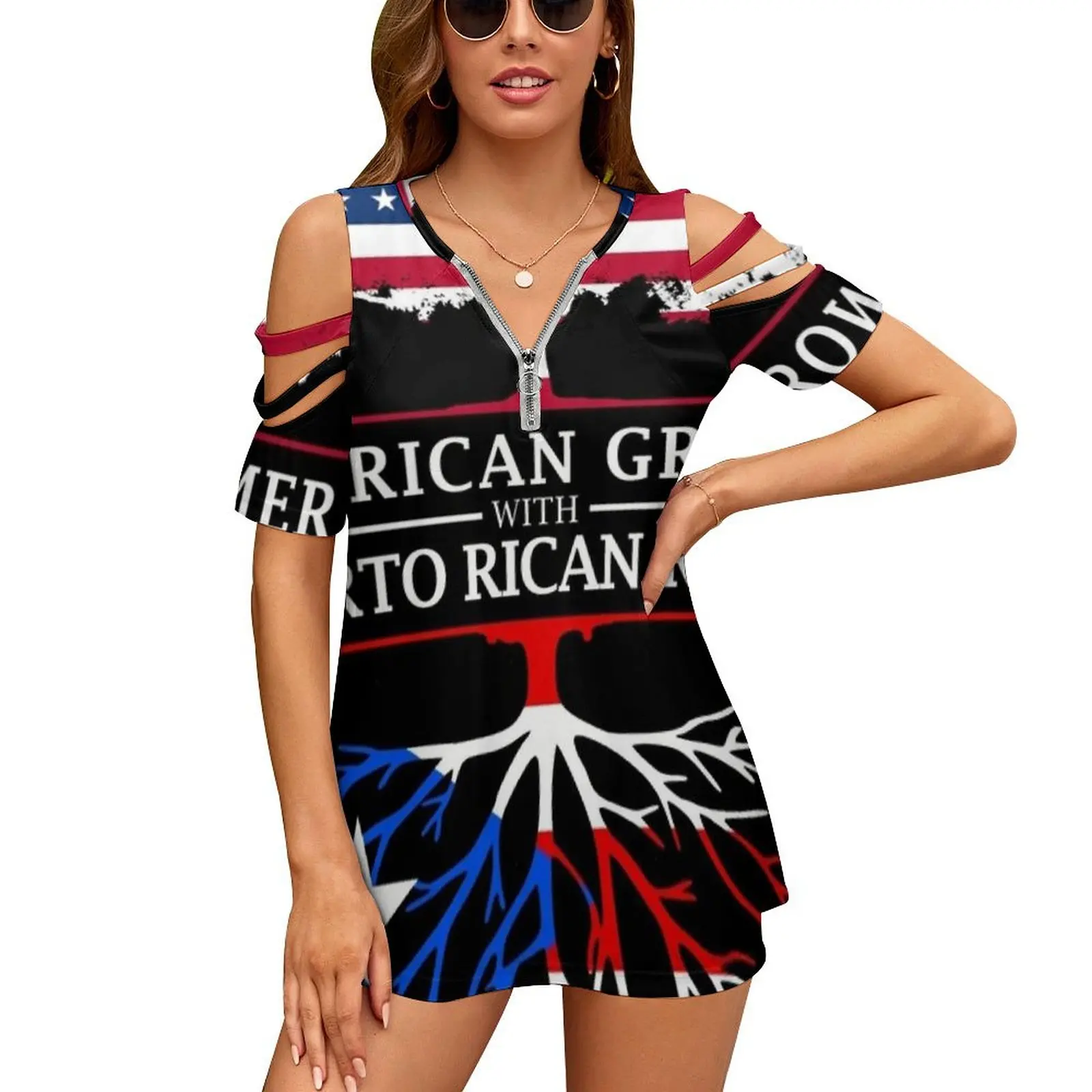 American Grown With Puerto Rican Roots Puerto Rico Design Women\'S T-Shirt Summer Fashion Print Floral V-Neck Zipper Tshirt