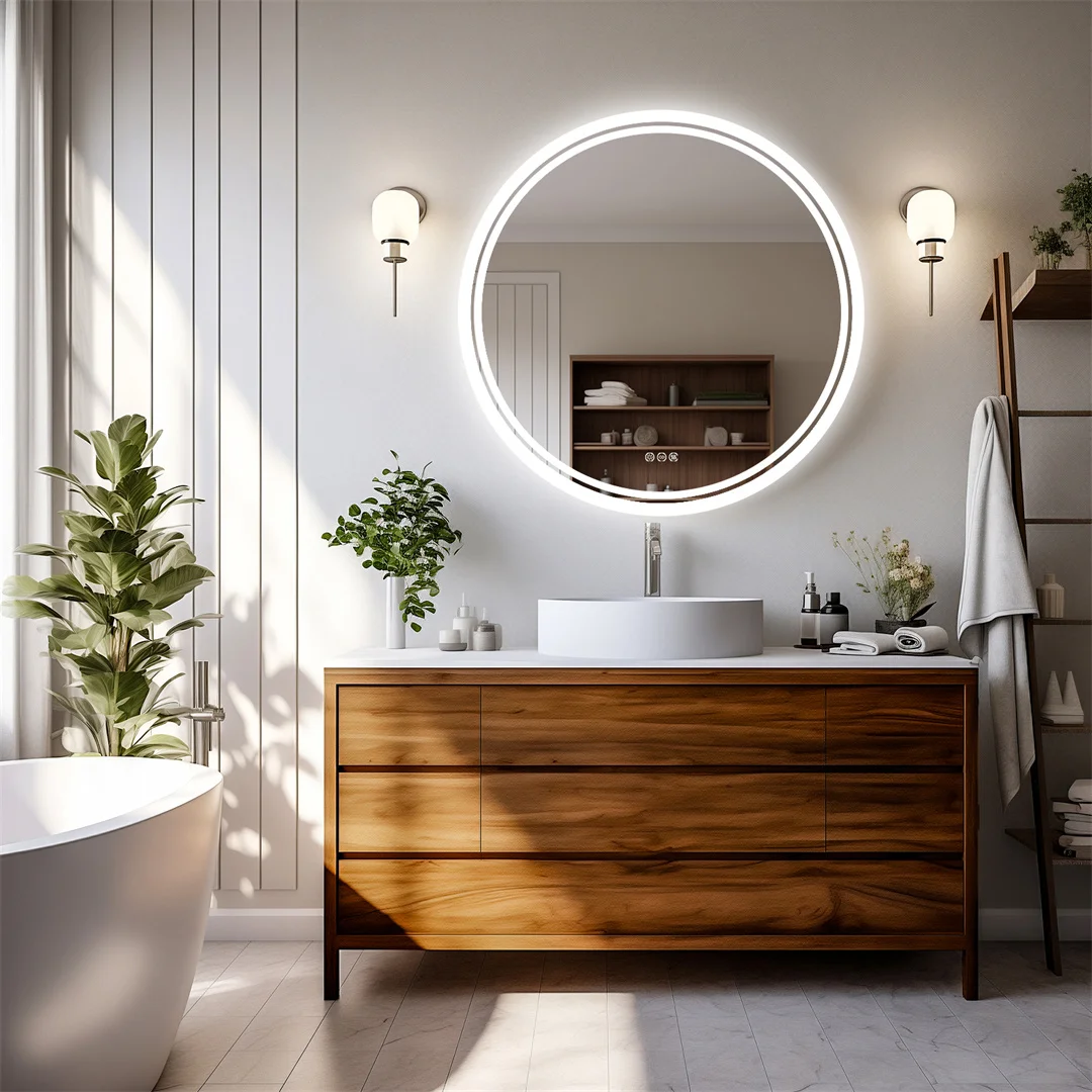 LUVODI-espejo redondo grande con iluminación inteligente para baño, pantalla táctil regulable, antiniebla, luz LED para baño