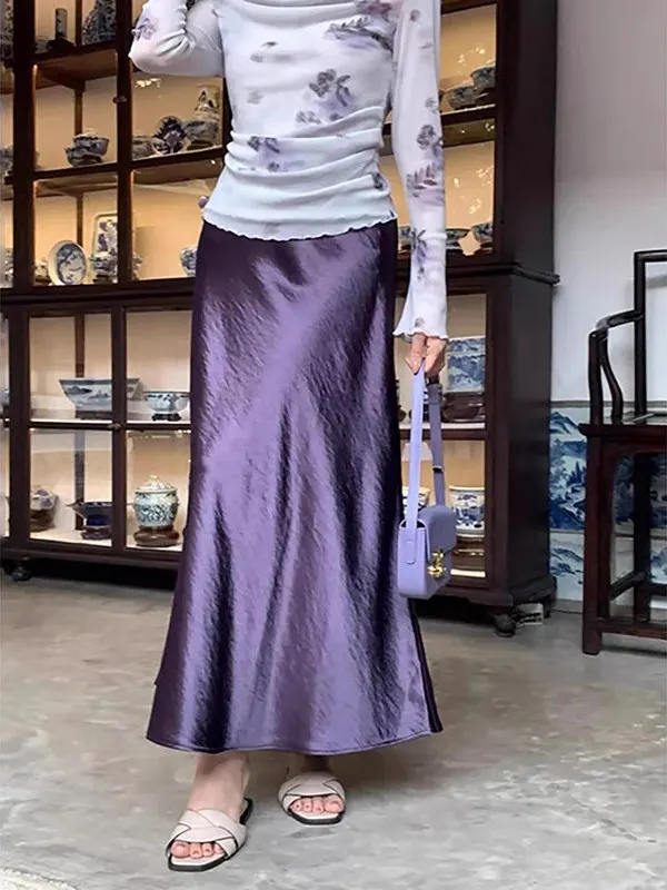 

Emily Clud Recommended Acetate Satin High Waist Draped Slimming Fi Tail Long Skirt Women's Faion plus Size f-length Sk...