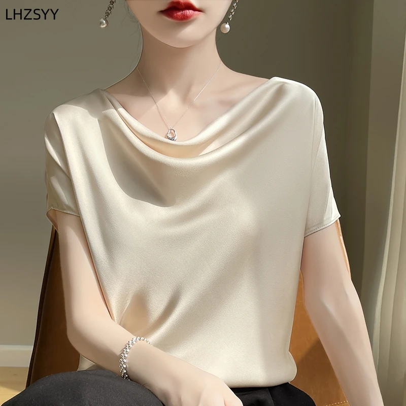 

LHZSYY French Silk Satin Short-Sleeved Women' Swing Collar Large size Thin Tops 2024 Summer New Silkworm Silk Satin Wild T-Shirt