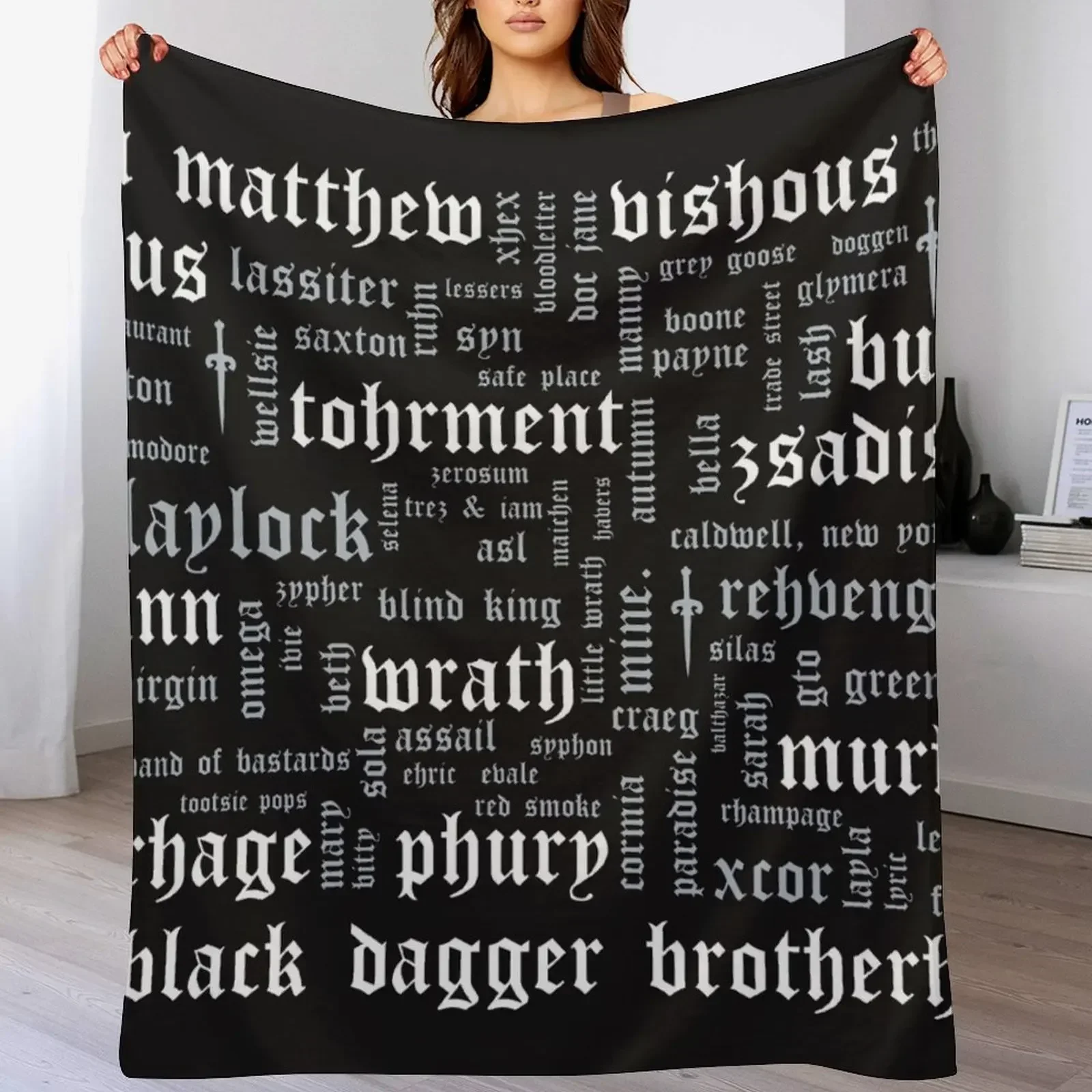 Black Dagger Brotherhood Word Cloud - Landscape Throw Blanket Hairy Soft Blankets