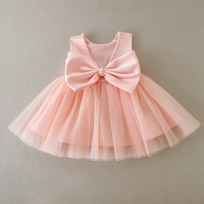 Baby Girl Pink Bow Tulle Dress for 0-2 Years Old, Elegant 1st Birthday Party Princess Gown