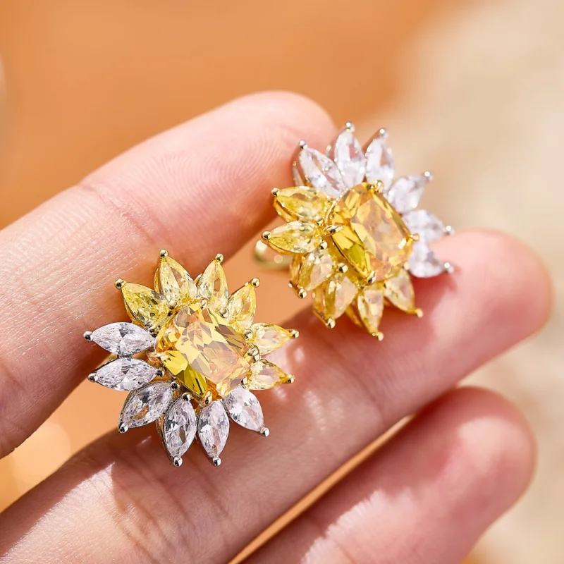 

Европа, Америка, модный стиль, серьги-гвоздики, женские серьги-гвоздики с инкрустацией маркизы, блестящей формы, желтый кубический циркон, цветок, зажим для ушей