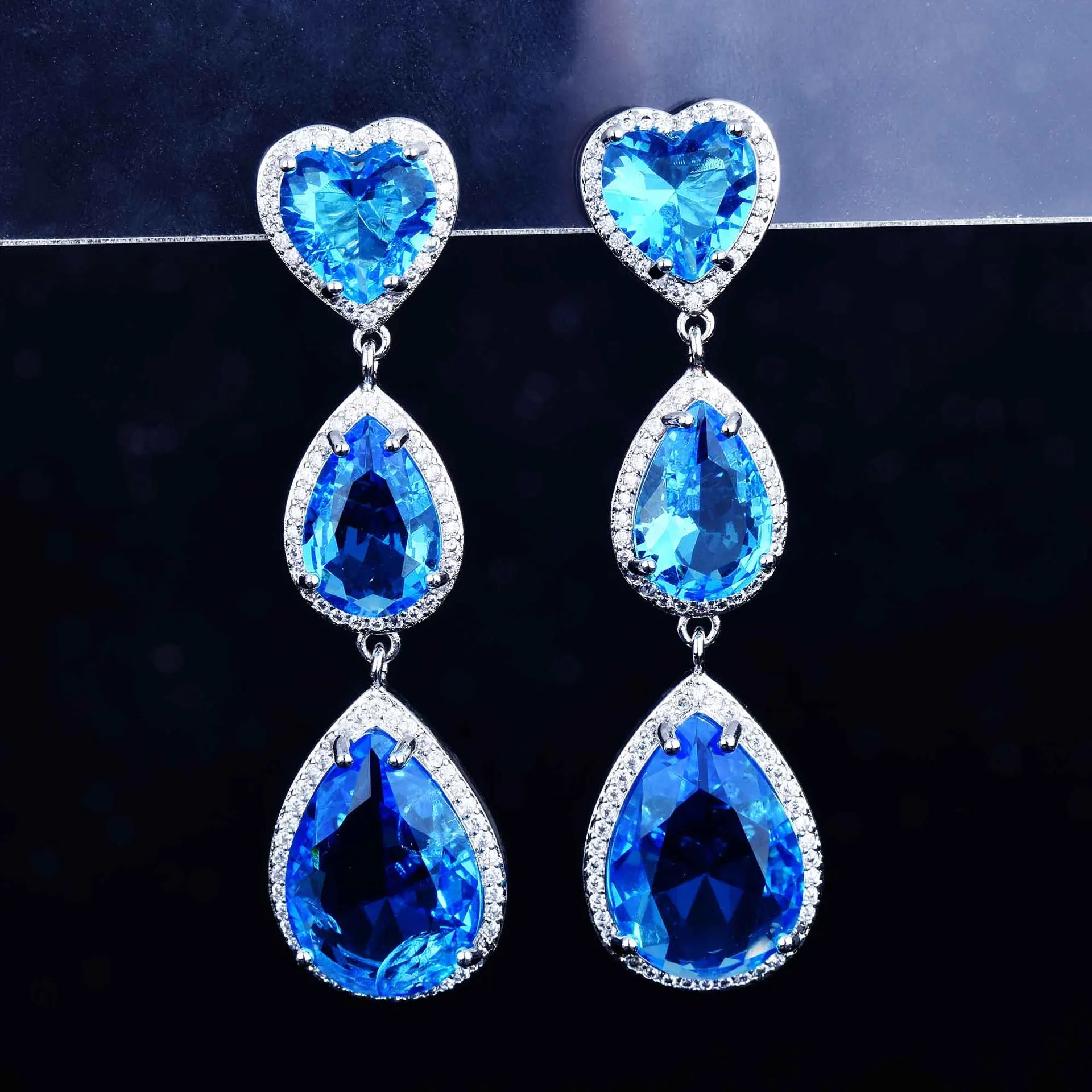 

Luxury Lovely Long Tassel Silver Color Water Drop Natural Blue Gem Dangle Drop Earrings Korean Women's Party Gift Jewelry