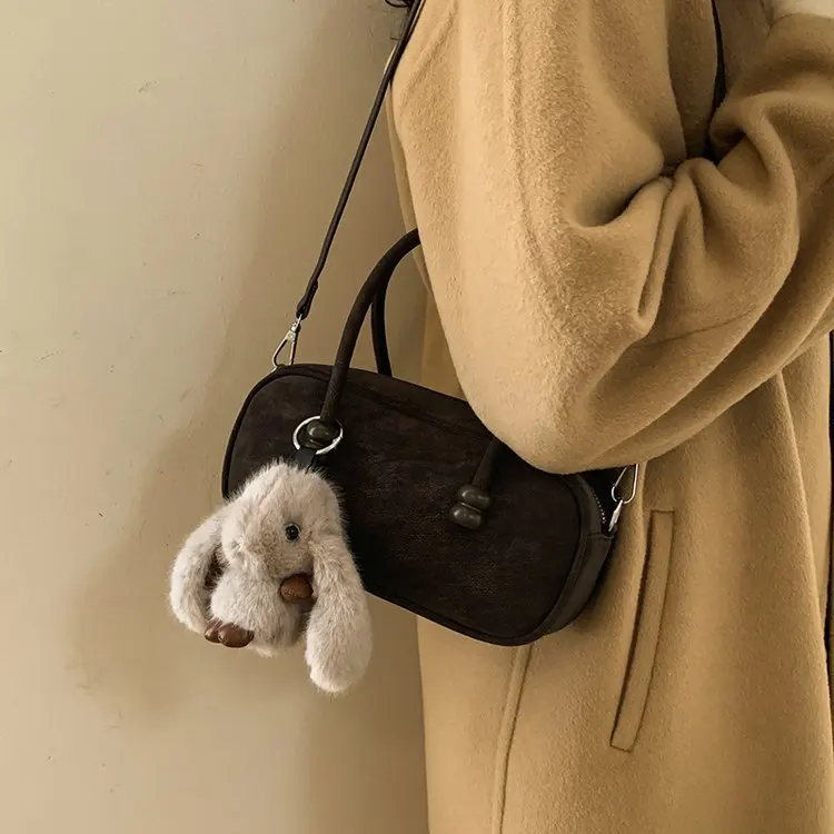 

Daily Commute Women Crossbody Bag Mini Barrel Shape Vintage Distressed Leather Double Zipper Handheld Bag