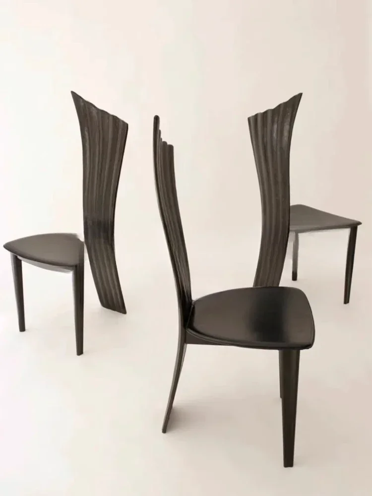 Retro solid wood black dining chair, medieval carved designer home art high back decorative chair, homestay fan chair