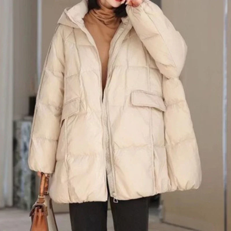 Women's Jacket Winter Warm Loose Fit Hooded Puffer Coat White Duck Down Long Overcoat Casual Outerwear Trendy Soft Winter Parkas