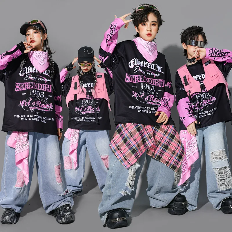 Children Boys Gilrs Streetwear Hip Hop Cargo Vest Denim Ripped Jeans Pant Sets Stage Show Clothes Kids T-shirt Trousers Costume