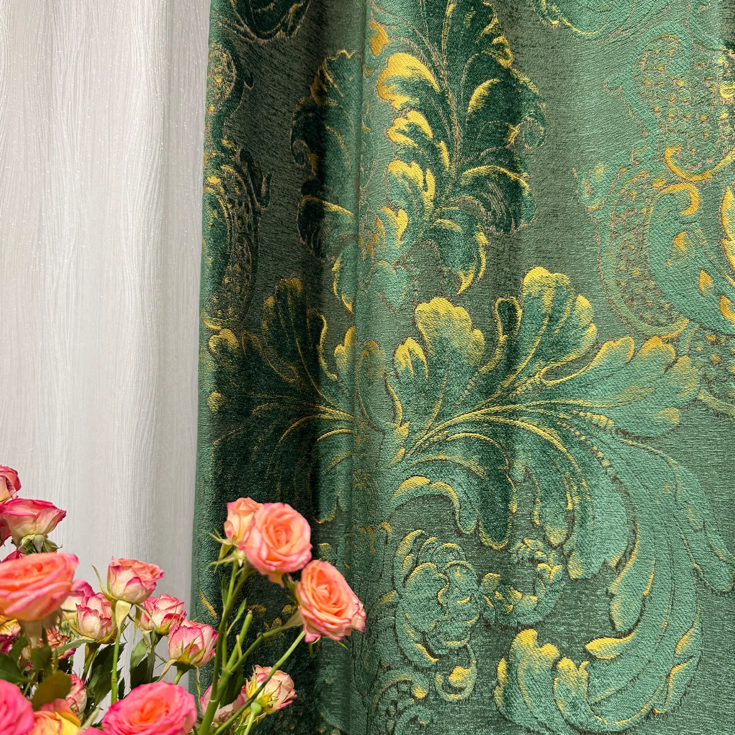 European Green Jacquard Velvet Thickened Curtains for Living Room Bedroom Balcony Partition Curtains Customized Villa Decoration