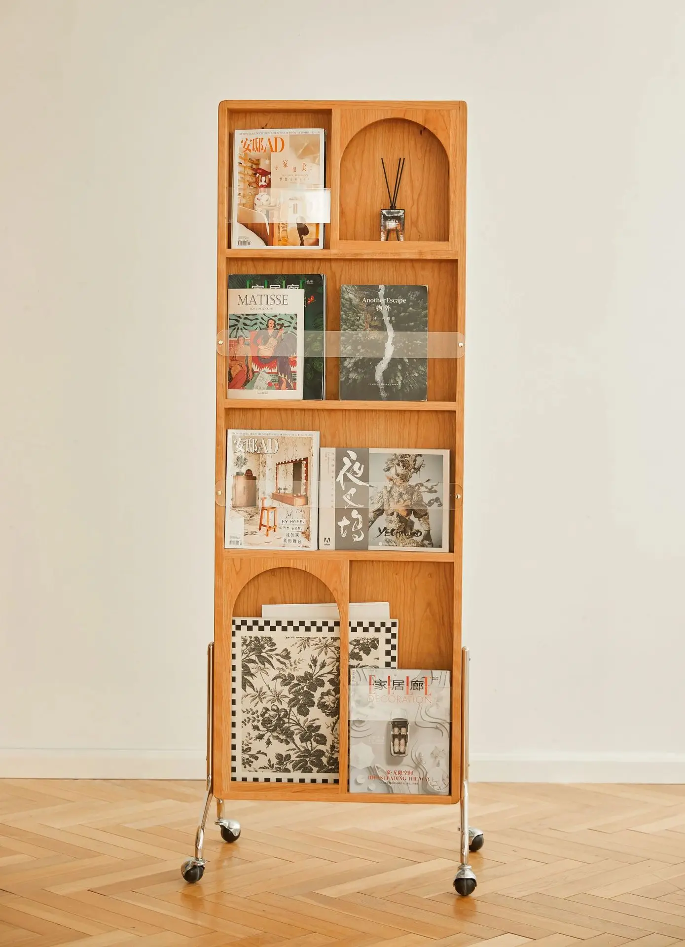 Magazine rack, full body mirror, movable, rotating, floor standing book mirror, solid wood retro dressing and fitting mirror, mi