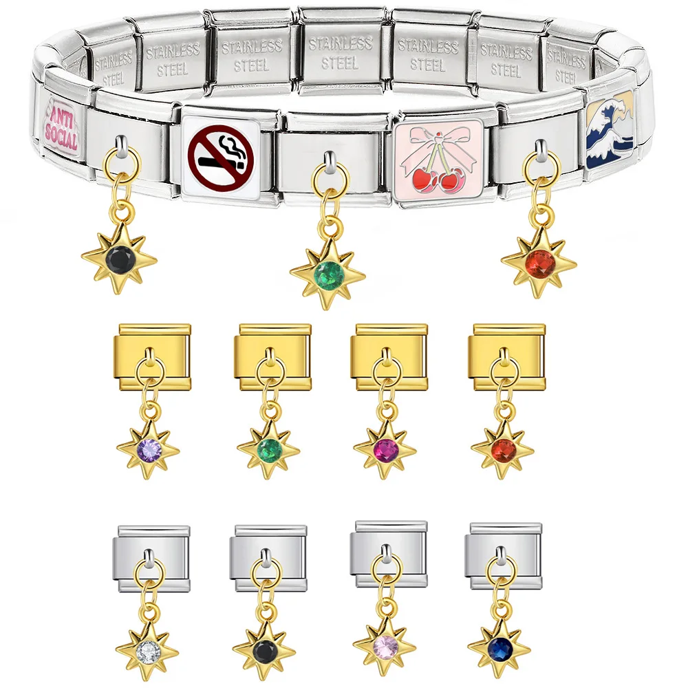 Fashion Cute Mini Star Colorful CZ Pendant Italian Charm Link Fit 9mm Stainless Steel Bracelet Making DIY Jewelry Female Beads