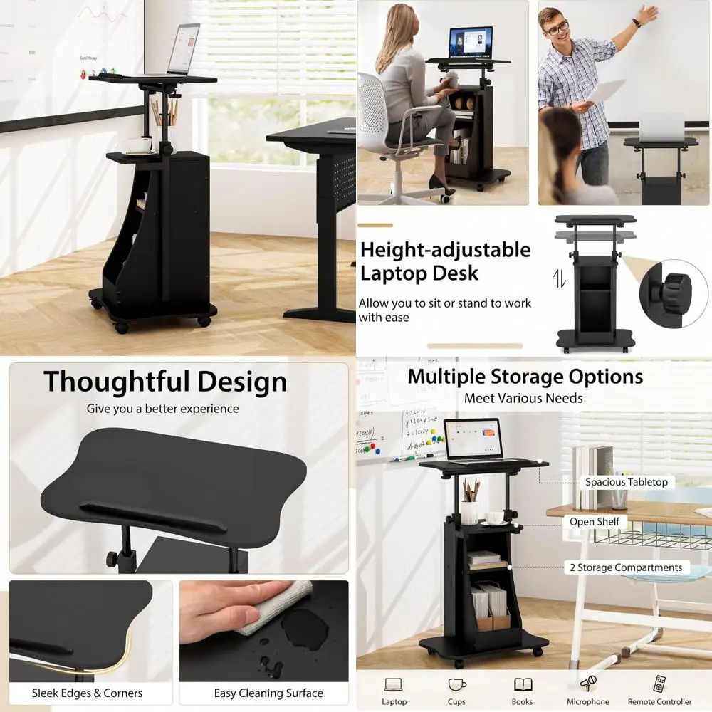 

Мобильная подставка-трибуна с регулируемой высотой, поворотным столиком для ноутбука и отсеком для хранения на колесиках