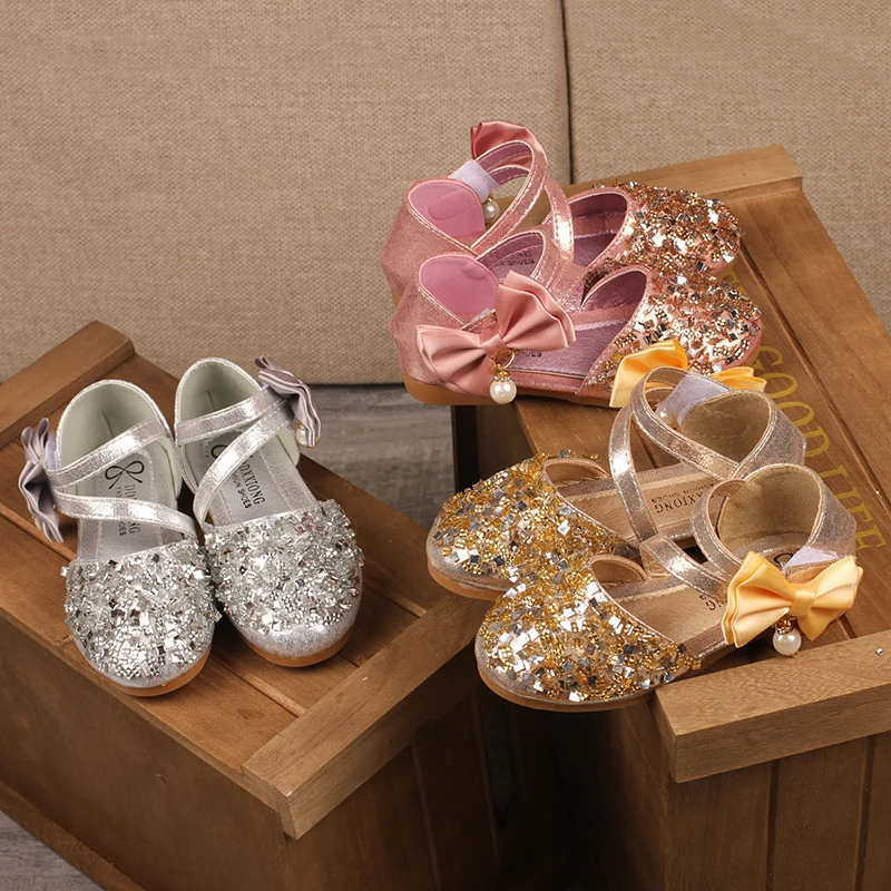 Summer Girls Sandals Cute Bow Fashion Sequins Kids Princess Shoes Flat Heels Girls Beach Sandals SY098