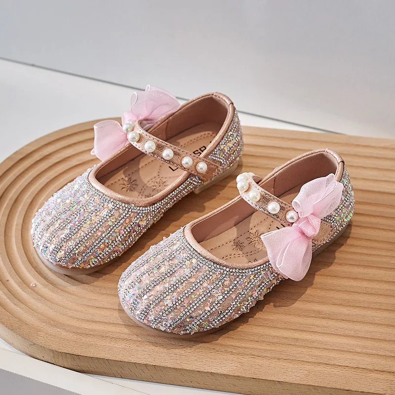 Nuove scarpe in pelle con paillettes per bambini ragazze principessa strass Bowknot scarpe dolce moda bambini ballerine scarpe da festa J221