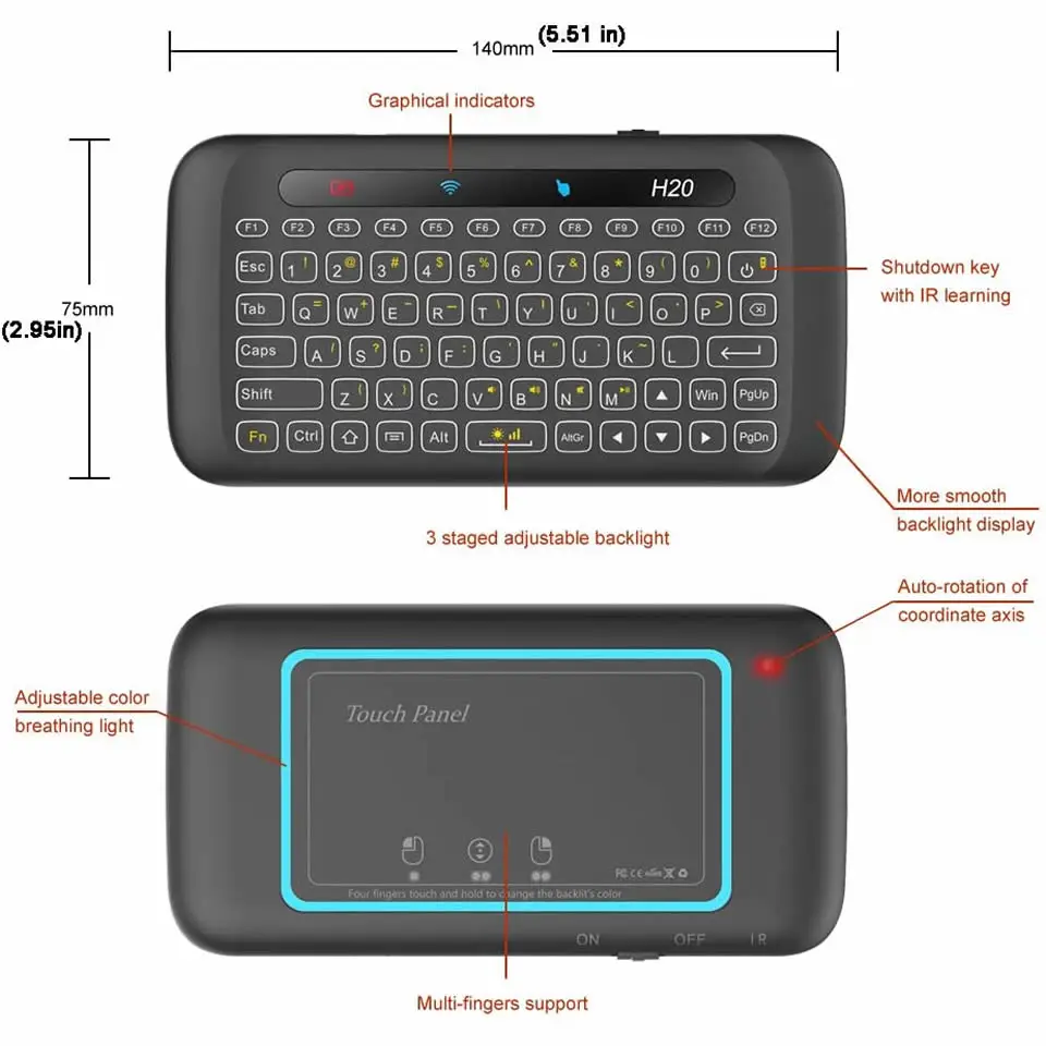 HKYC H20 Mini 2.4Ghz Wireless Keyboard Backlight Touchpad Air Mouse IR Leaning Remote Control for Andorid Box Smart TV Windows