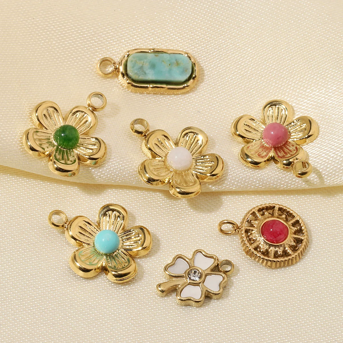 3pcs/Lot French Retro 14k Gold Color Flower Geometric Nature Stone Stainless Steel Charms Clover Necklace DIY Jewelry