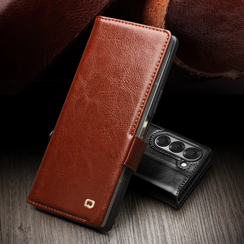 

Qialino Genuine Leather Flip Phone Cases For Samsung Galaxy Fold6 Fold 6 Handmade Phone Cover With Card Slots Cover Case