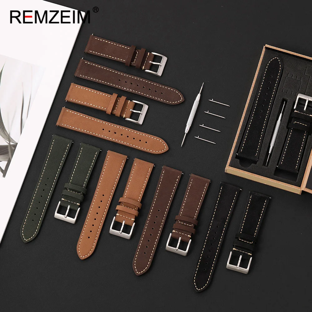 Retro Business Men Calfskin Genuine Leather Watch Strap 20mm 22mm with Quick Release Spring Bar Durable Replacement Wristband